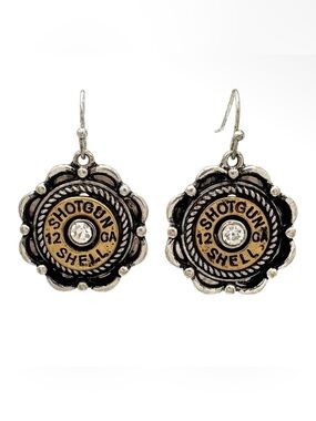 NWT Silver Gold Shotgun Bullet Shell Flower Dangle Earrings Rhinestone Accent